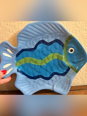 Decorative Blue Fish Ceramic Dish - Light Blue & Green